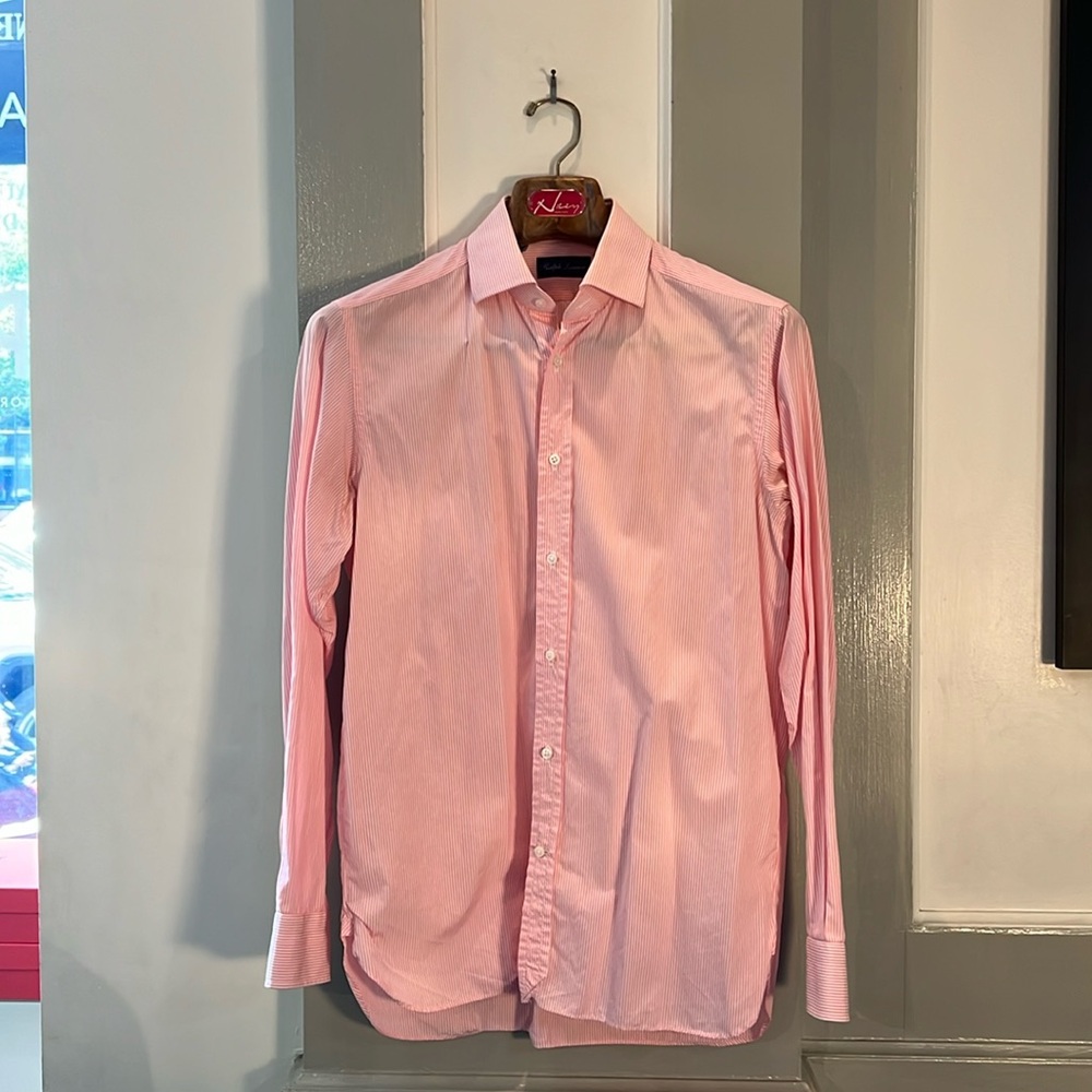 Ralph Lauren Men’s Purple Label Pink Cotton Striped Shirt. Neck 15.5, Sleeve 35
